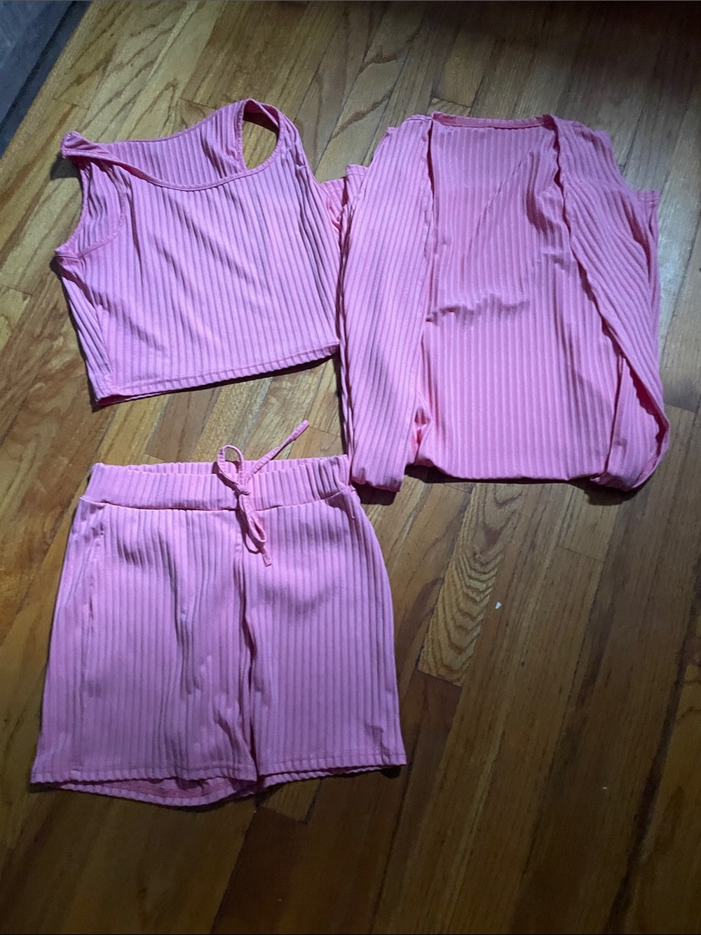Women's Pink Ribbed 3-Piece Lounge Set — Cropped Tank, Shorts & Cardigan